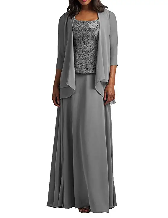 

2019 Women's 2 Pieces Lace Chiffon Mother Of The Bride Dress Long Plus Size With Jacket Vestidos De Madrina