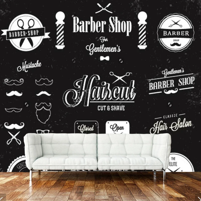 Modern 3D wallpaper, barber shop label and icon mural for the barber