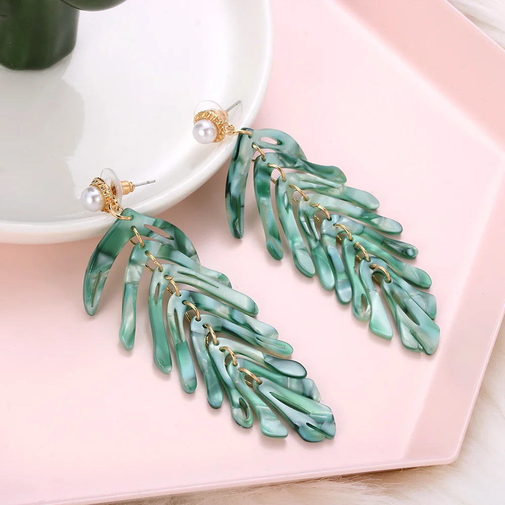 

Vintage Simple Fashion Leaf Acrylic Plant Dangle Earrings Pearl for Women Girls Long Statement Earrings Party Jewelry Gift