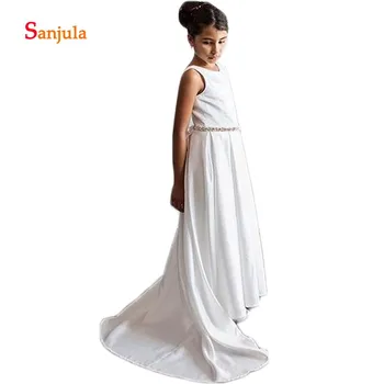 

White Satin A-Line Flower Girls Dresses Scoop Tank Simple Child First Communion Dresses Beaded Waist vestidos de comunion D325