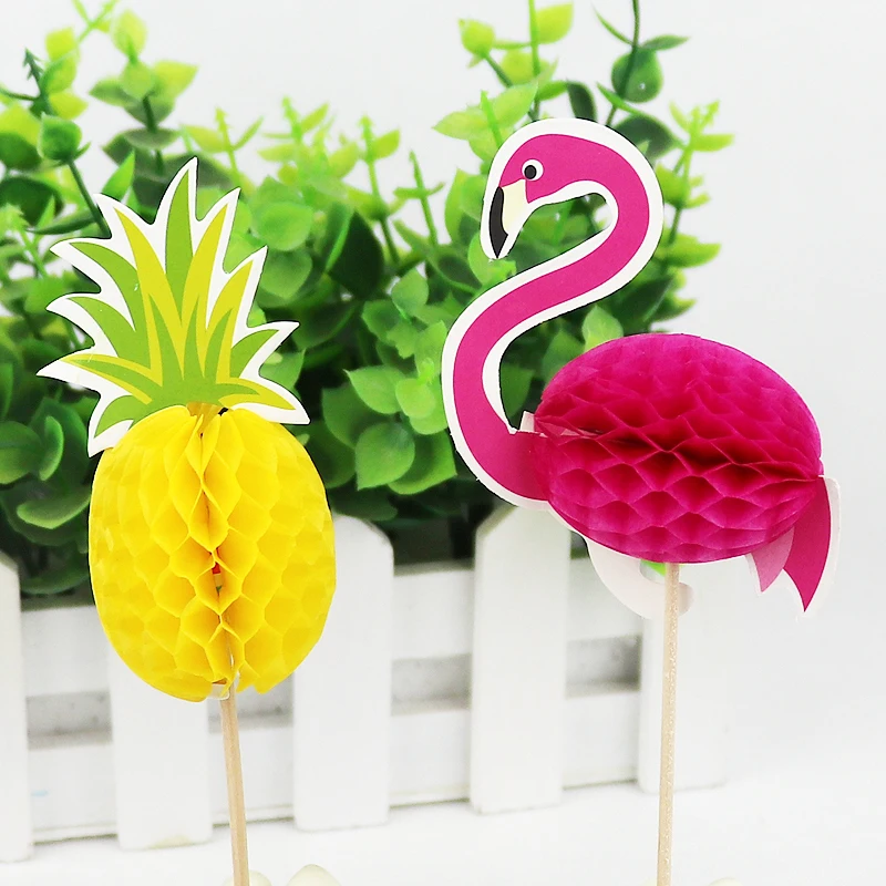 

Hawaii 3D Flamingo Pineapple Cake Topper Cake Picks Cake Decoration for Tropical Summer Hawaii Party Happy Birthday Cake Flags