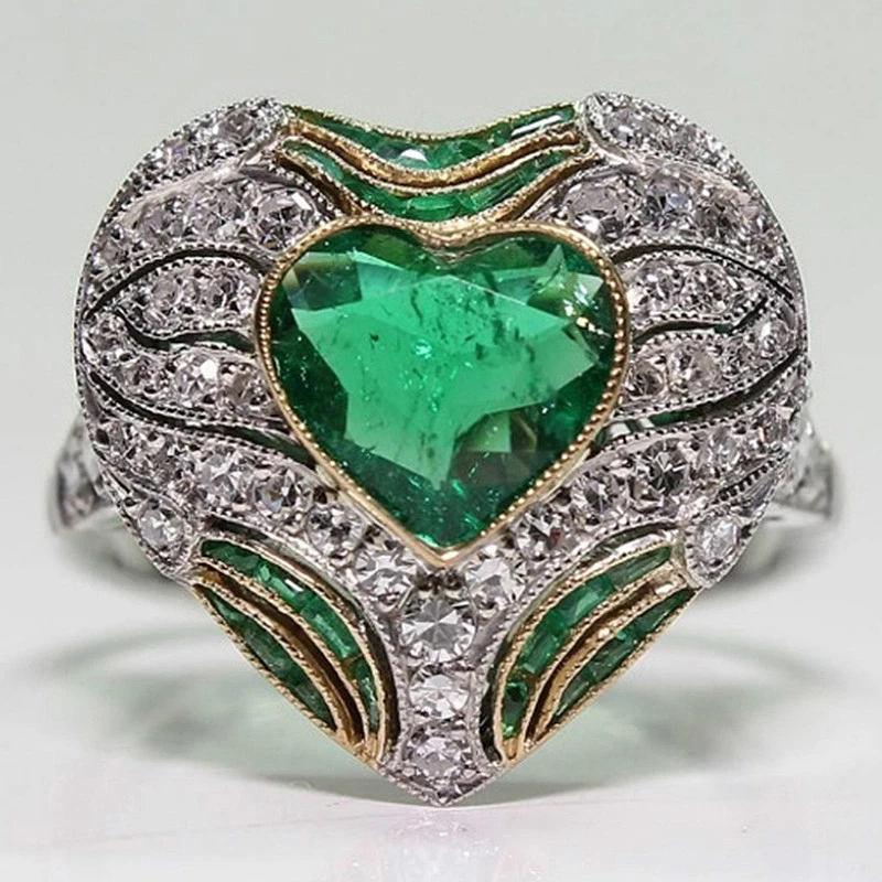 Роскошное зеленое циркониевое кольцо с большим камнем в форме сердца для женщин, серебряное кольцо с проложенным покрытием, мужское обручальное кольцо, O3M097