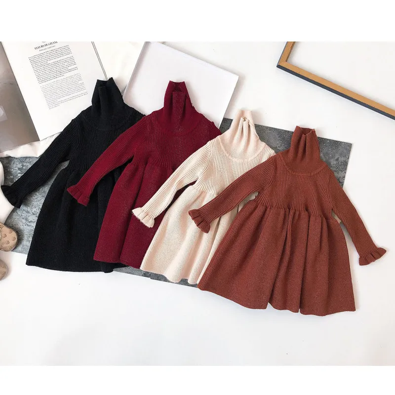 

Baby girls wool dress turtleneck solid long sleeve kids dresses winter boutique girls costume