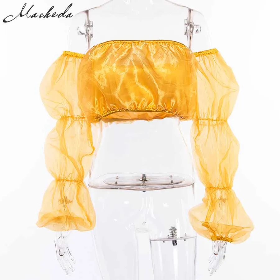 Macheda Модный женский летний сексуальный желтый топ с пушистым рукавом сетчатая майка без бретелей