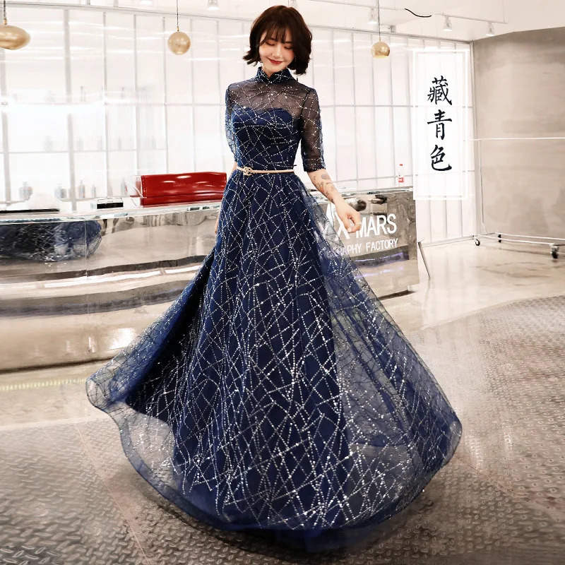 Tanio A-line suknia wieczorowa pół rękawa lśniący niebieski nowe modne
