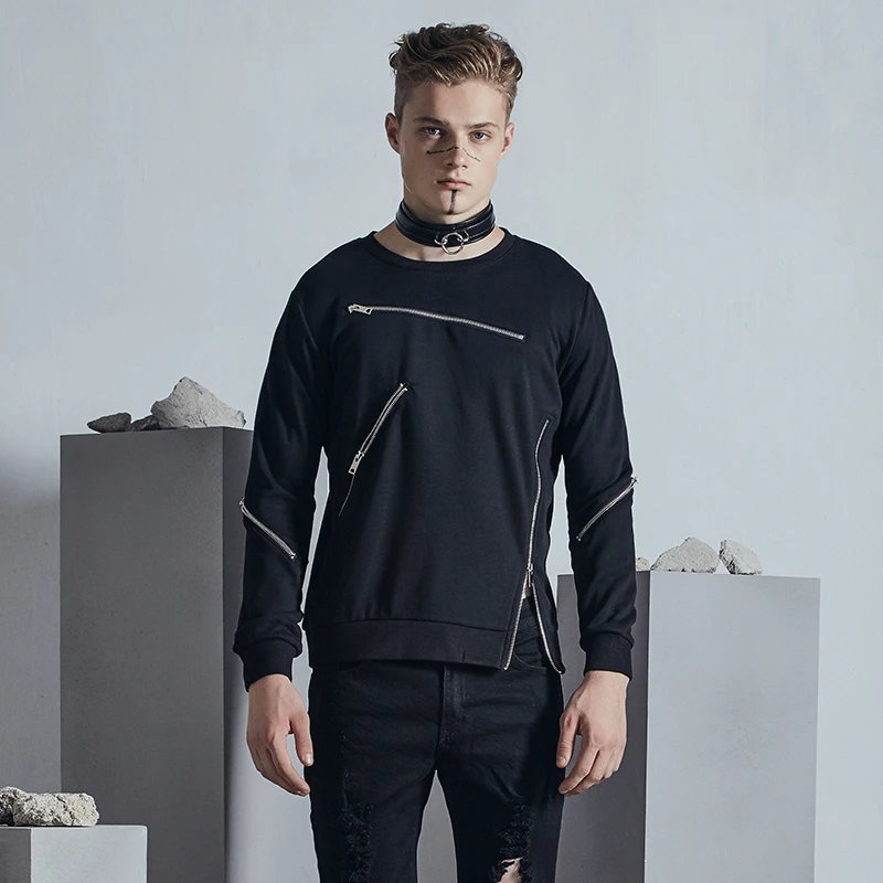 M-2XL! оригинальные уличные темно-мужские мужская одежда и нерегулярные косой молнией сращивание дизайн для с длинными рукавами толстовка
