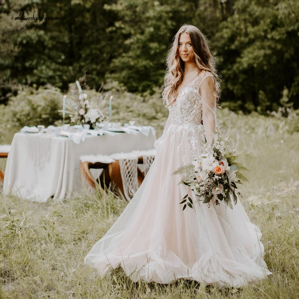 

Lakshmigown Elegant Boho Long Sleeve Wedding Dress Tulle Backless Sexy Lace Bridal Gown Country Princess Wedding Dresses 2019