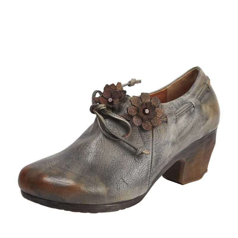 

2018 new autumn with deep mouth vintage handmade flowers women's shoes color leather shoes