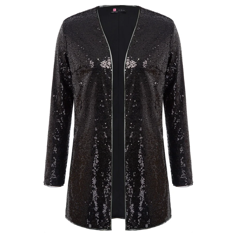 

Vintage Women Coat Sequins Stunning Ladies Jacket Autumn Long Sleeve V neck Open Front Coat