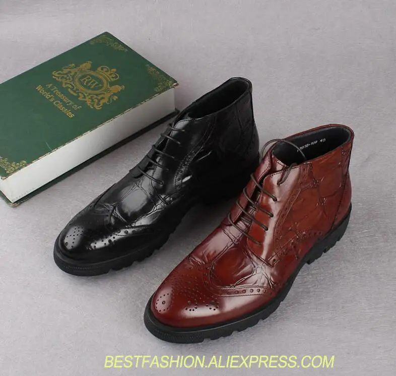 

Martin Boots Lace Up Shoes Men Genuine Leather Carved Brogue Smrt Casual High Top Shoes Low Heel Height Increasing Dress Boots