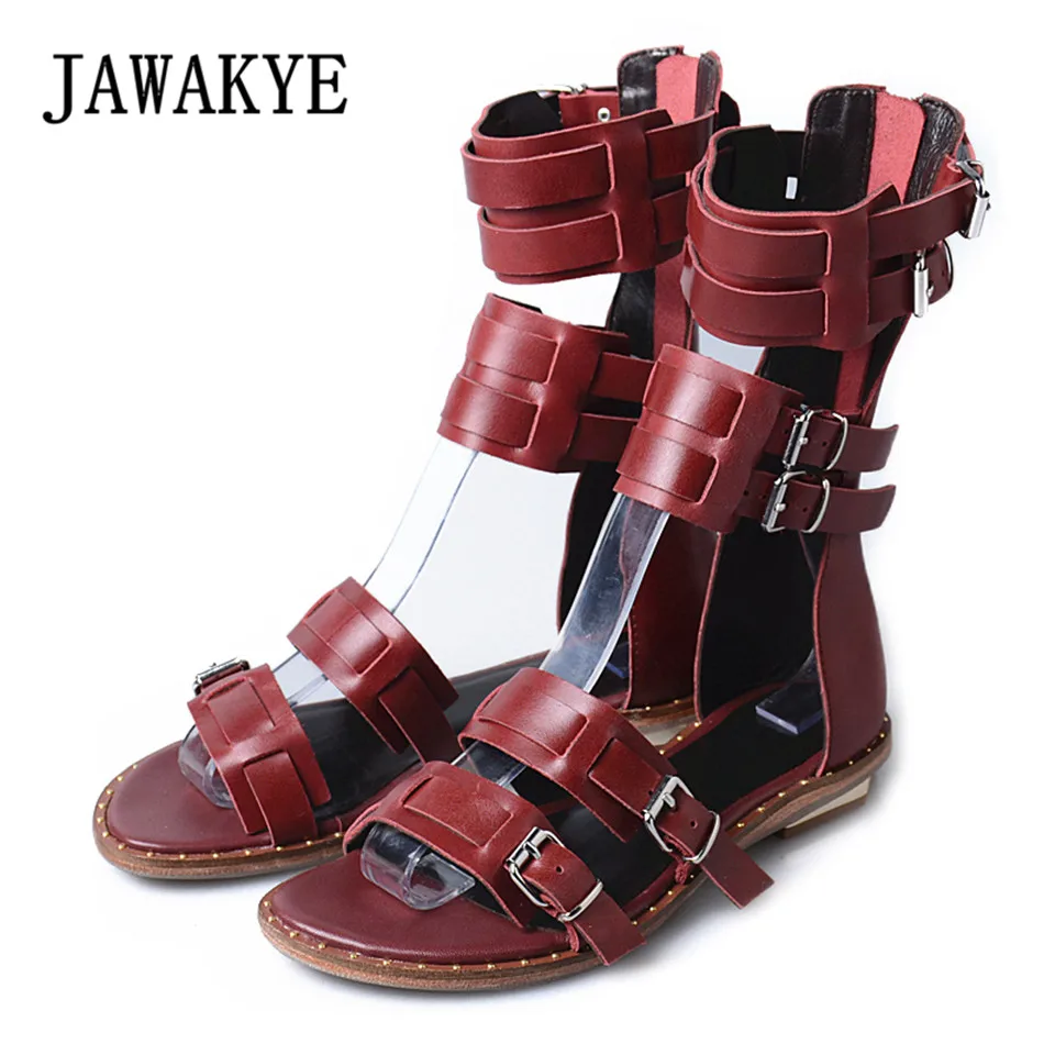 

2018 Fashion Leather gladiator Sandals women Summer Ladies Dress shoes woman Ankle buckle Summer Old Cow leather women shoes