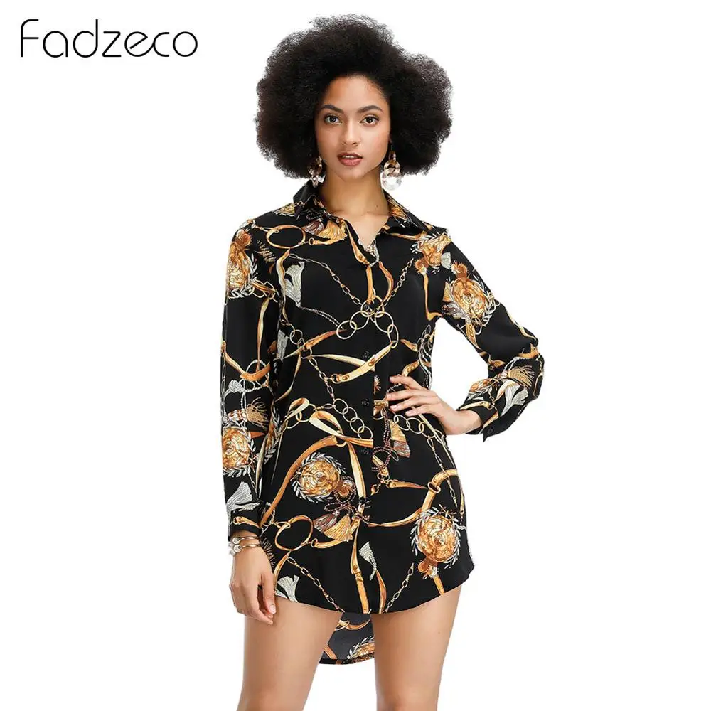 Black Fadzeco Women Dashiki African Shirt Dress Elegant Chain Print Long Sleeve Floral Shirts Blouse Top Ethnic Tribal Mini Dress Belt - Цвет: Black