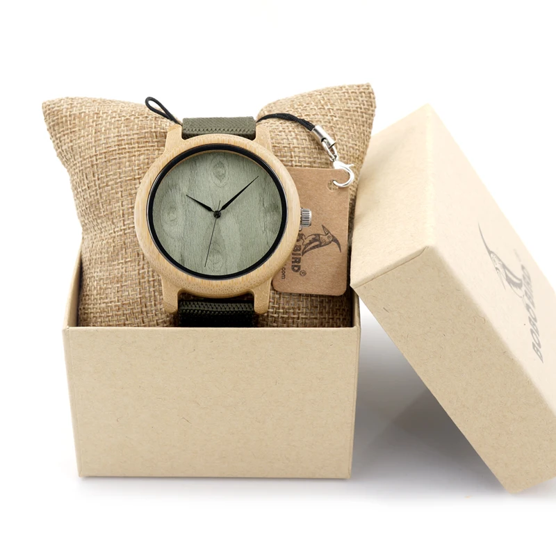 BOBO BIRD V-D12 Mens Bamboo Wooden Watches Green Wood Dial Bamboo Case Quartz Wristwatch with Nylon Strap in Gift Box