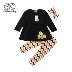Комплект из 3 шт. на Хэллоуин для новорожденных девочек, одежда на Хэллоуин, детское черное платье для девочек, штаны в полоску, повязка на
