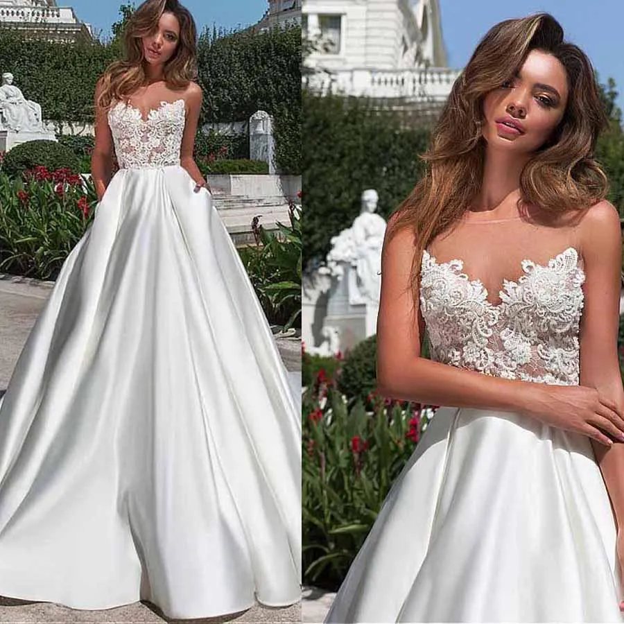 

Scoop Sheer Neckline Lace Applique Satin A-line Wedding Dress with Backless Chapel Train Garden Bridal Dress vestido de novia