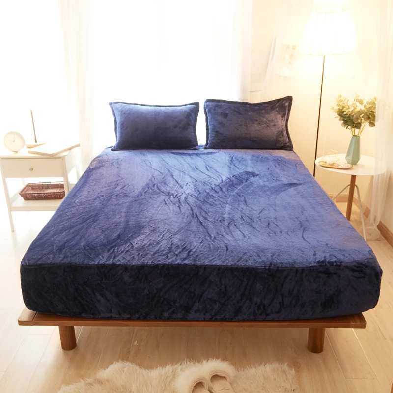 

Dark Blue Solid Color Flannel Fabric 3Pcs Bed Sheet With Pillowcase Bed Linen Mattress Covers Fitted Sheet Sets With Elastic