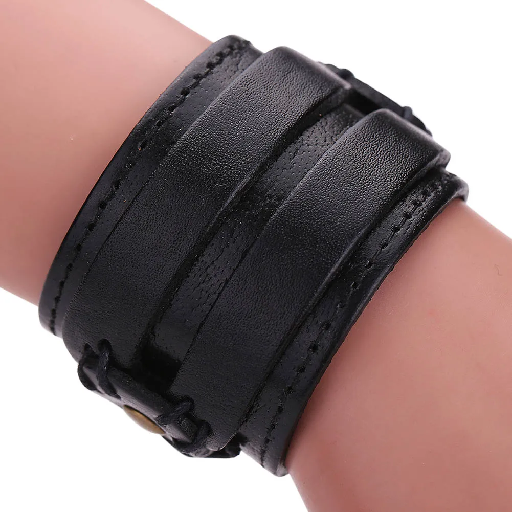 

Vintage Men Genuine Leather Cuff Double Wide Bracelet Rope Bangles Jewelry Gifts KQS8