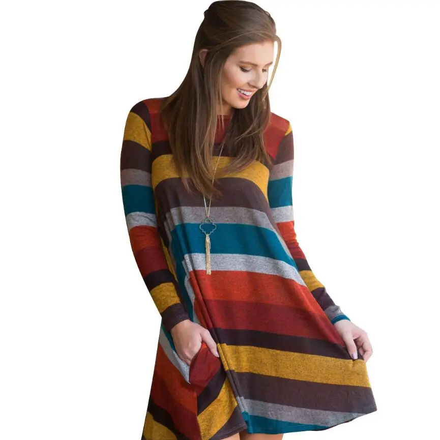 New Spring 2018 Elegant Casual Women Dress O neck Long Sleeve Striped Sexy Short Dress Knitted