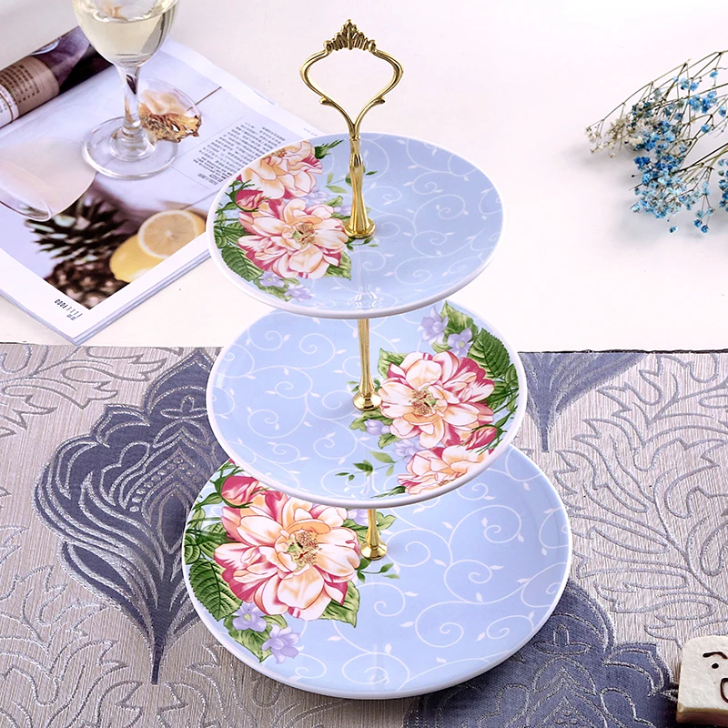  Ceramic Cake Plate Sets 3 Layer Pastry Snack Tray Kitchen Accessories Fruit Tray Handling Gold line - 32835408060