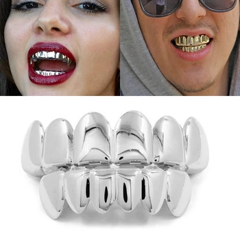 

1Set Hip Hop Top&Bottom Teeth Grillz Dental Vampire Teeth Caps Mouth Halloween Party Body Jewelry Gold Color Teeth