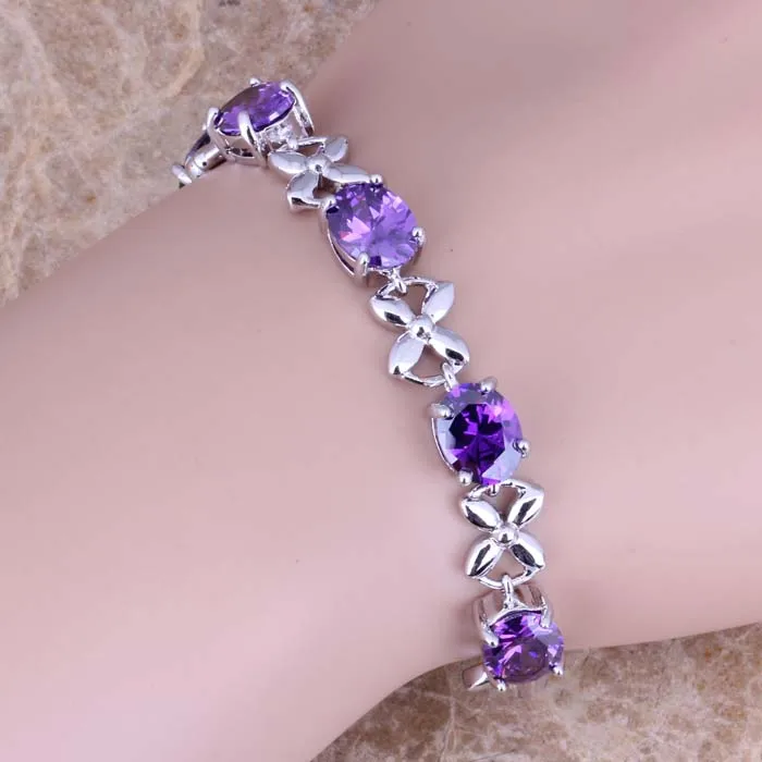 

Enjoyable Purple Cubic Zirconia 925 Sterling Silver Link Chain Oval Bracelet 7 - 8 inch S0618