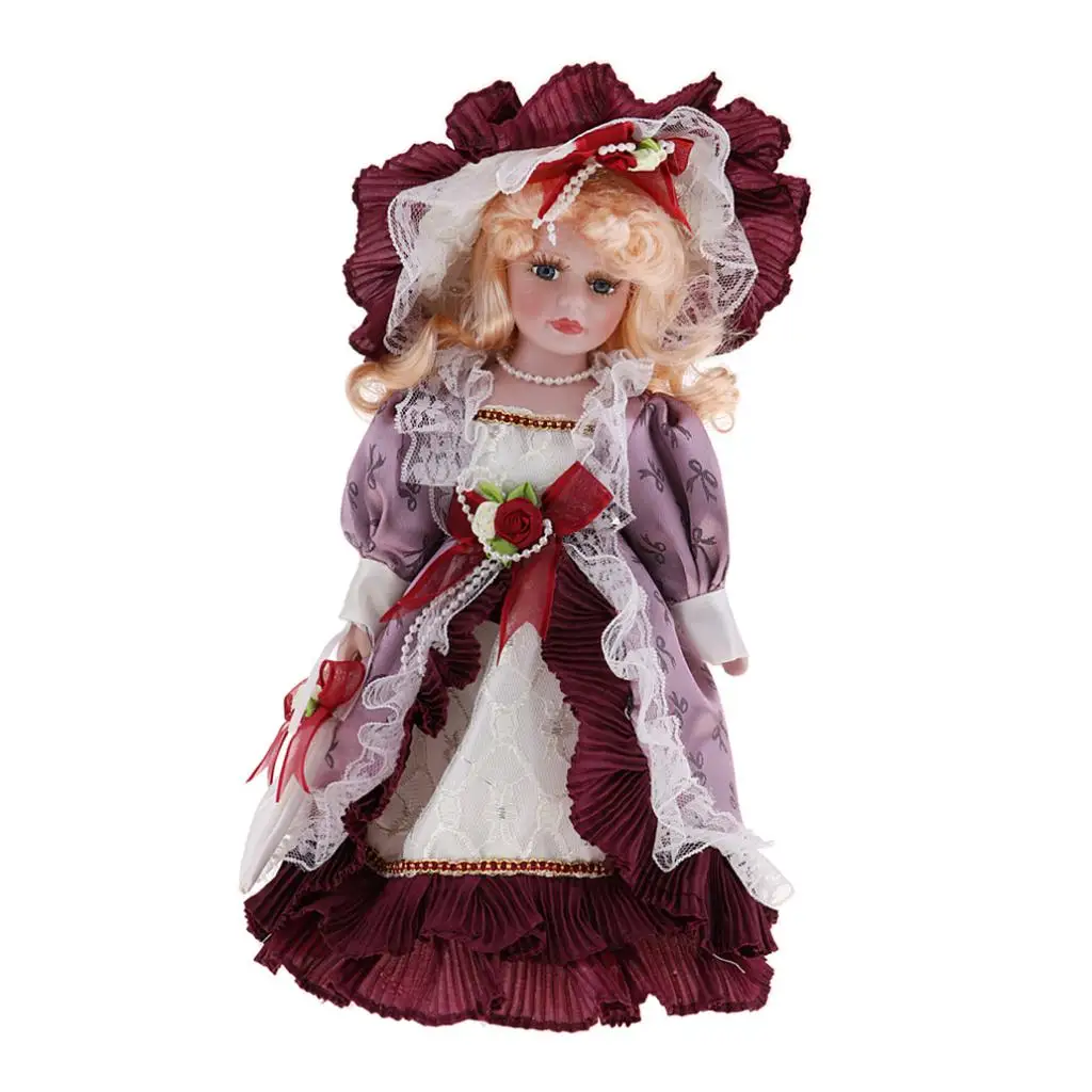 30cm Vintage Porcelain Doll with Golden Curly Hair, Creative Valentin Gifts for Girlfriend, Dollhouse People Decor