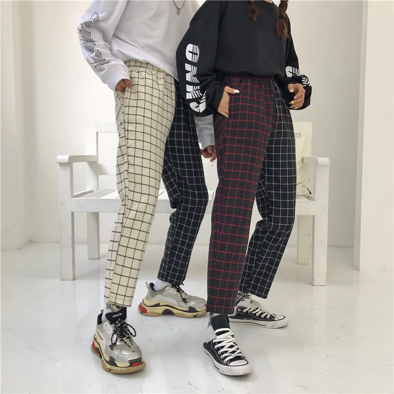 Korea ulzzang Harajuku pants summer lattice personality stitching Vintage plaid casual nine pants couple hip hop fun new pants