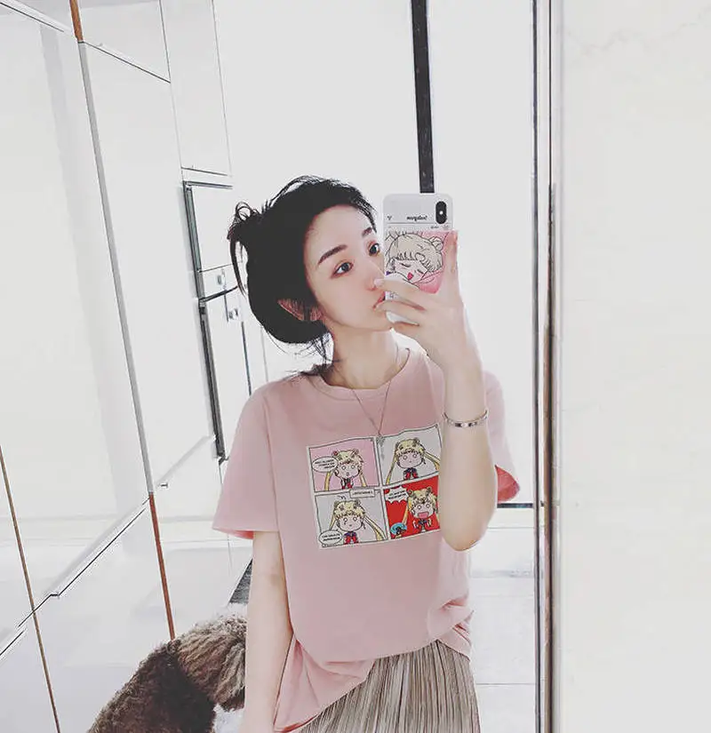 Woherb 100% хлопковая футболка женская летняя свободная для девочек Harajuku Kawaii Сейлор