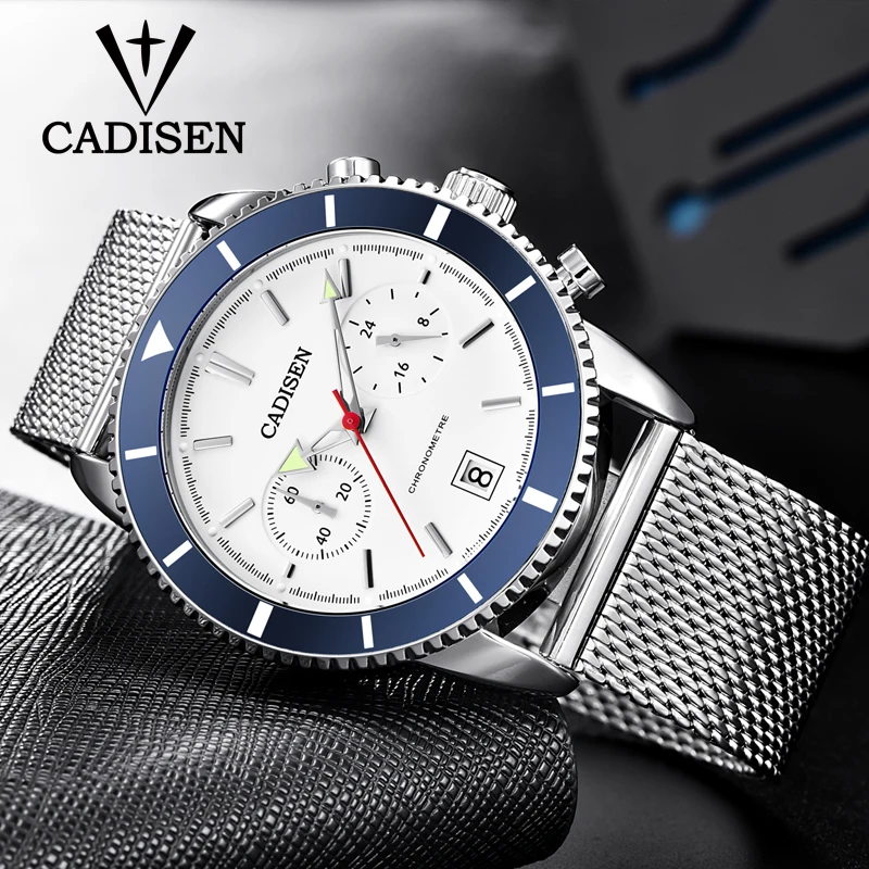 

CADISEN Business Sport Chronograph Fashion Watch Men Stainless steel Mesh Band Waterproof Luxury Brand Quartz Watch dropshipping