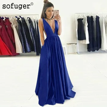 

Blue Long Simple A line Prom Dresses V Neck Satin Back Party Evening Dress Vestidos De Festa