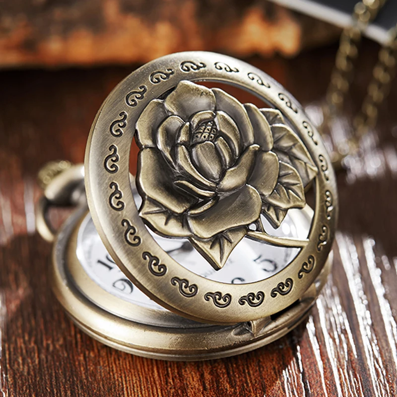 

Flower Hollow Pocket Watch Fob Chain Rose Engrave Clock Mens Flip Bronze Case Watch Vintage Hour Watches for Men Women Gifts