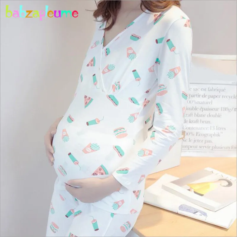 

2018 Pregnancy Nightwear Women Nursing Pajamas For Pregnant Set Cotton Tops+Pants Breast Feeding Clothes Maternity Wear BC1421-1