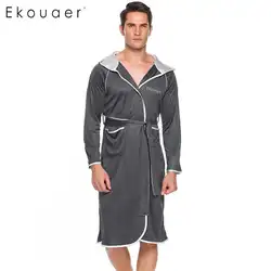 Ekouaer карман Повседневное с капюшоном с длинными рукавами в стиле пэчворк Для мужчин халат с поясом