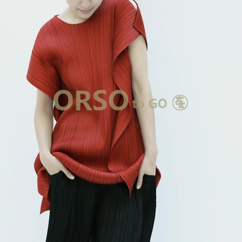 Changpleat новые весенние свободные женские футболки топы miяк плиссированные Модные Дизайнерские однотонные с круглым вырезом Большие размеры женская футболка прилив