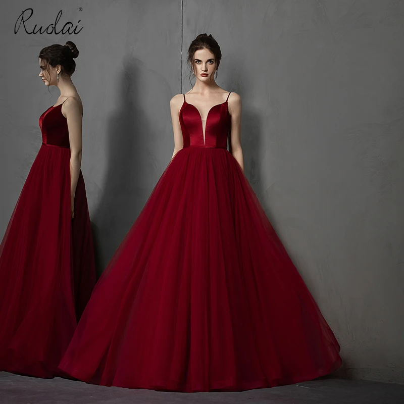 Ceny Prosty długi suknie balowe 2019 głęboki dekolt w szpic formalne sukienki na przyjęcie suknia wieczorowa w kolorze burgundowym vestidos largos de fiesta