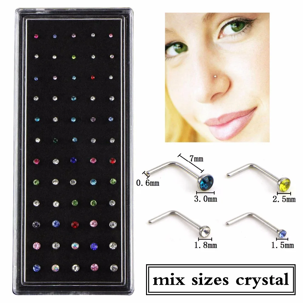 

60pcs/box Nose Ring Body Jewelry Mix Sizes Rhinestone Nose Stud Stainless Surgical Steel Nose Piercing Crystal Stud Ring Bijoux