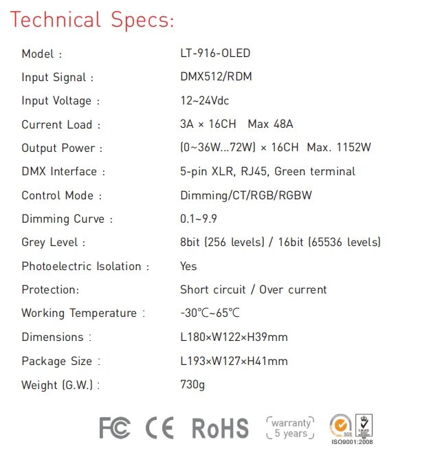 Светодио дный DMX-PWM декодер; DC12-24V вход; 3A* 16CH Max 48A 1152 Вт выход XLR-3/RJ45/Зеленый терминал Порты и разъёмы 16 Декодер каналов