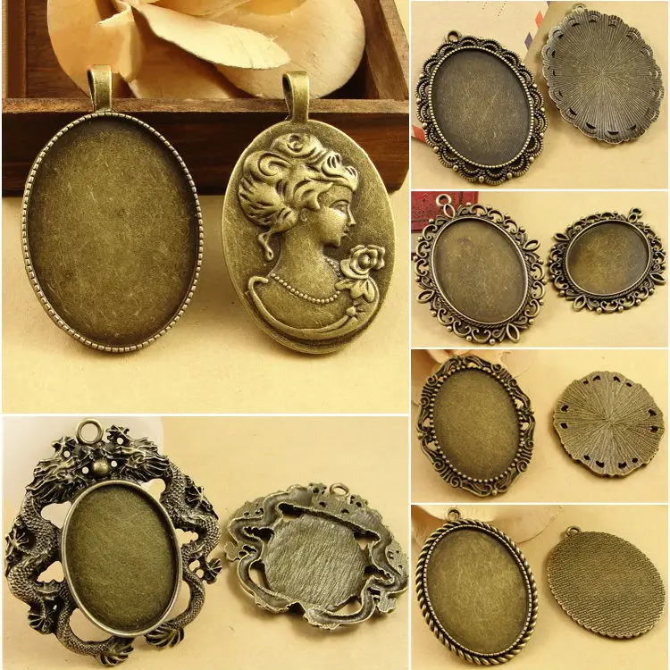 

20X Wholesale Zinc Alloy Antique Bronze Pendant Blank with Inner 30*40mm Setting Tray for Cameo Cabochons