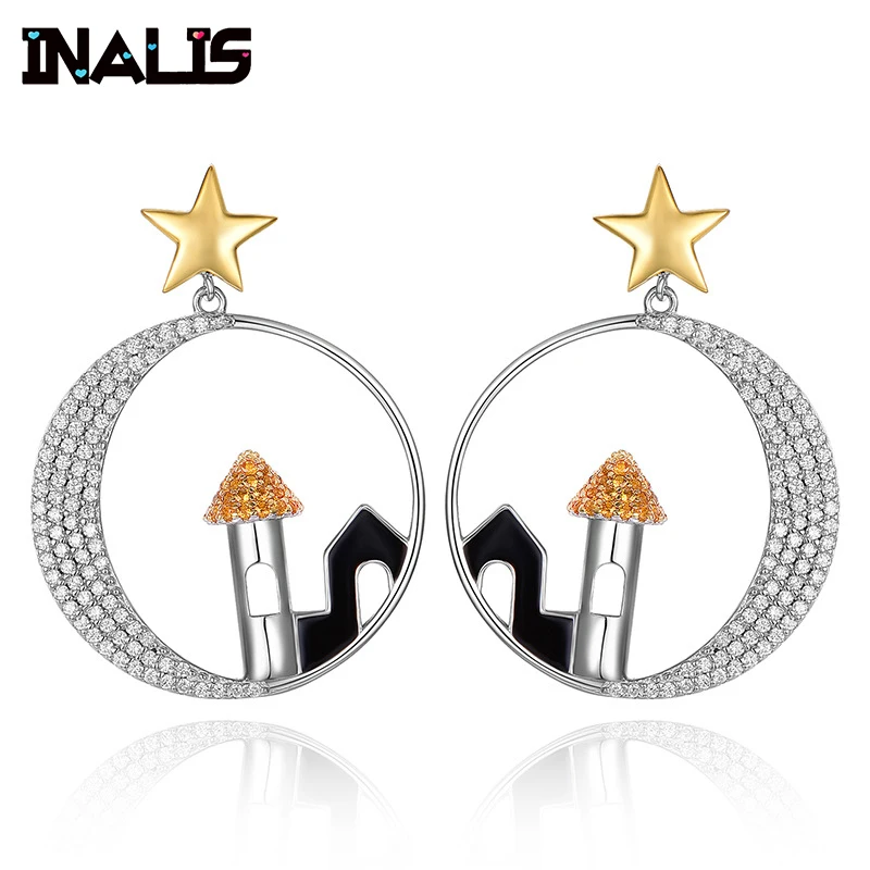

INALIS Unique Luxurious Drop Earrings 925 Sterling Silver Micro Paved Tiny Clear CZ Crystal Star House in Circle Dangle Brincos