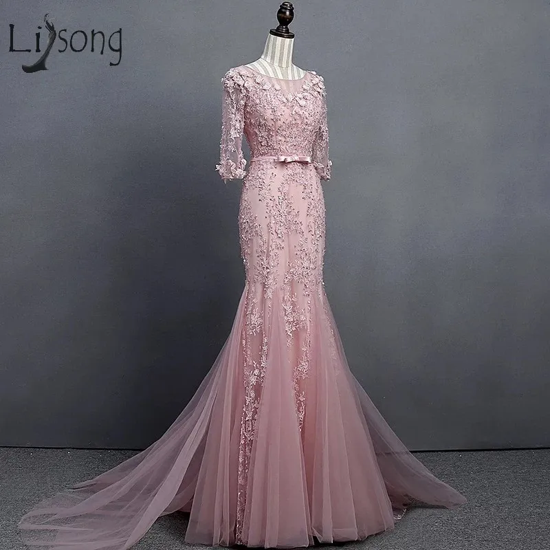 

Pretty Pink Lace Mermaid Evening Dresses With Half Sleeves 3D Flower Crystal Long Evening Gowns Abendkleider Modest Formal Dress