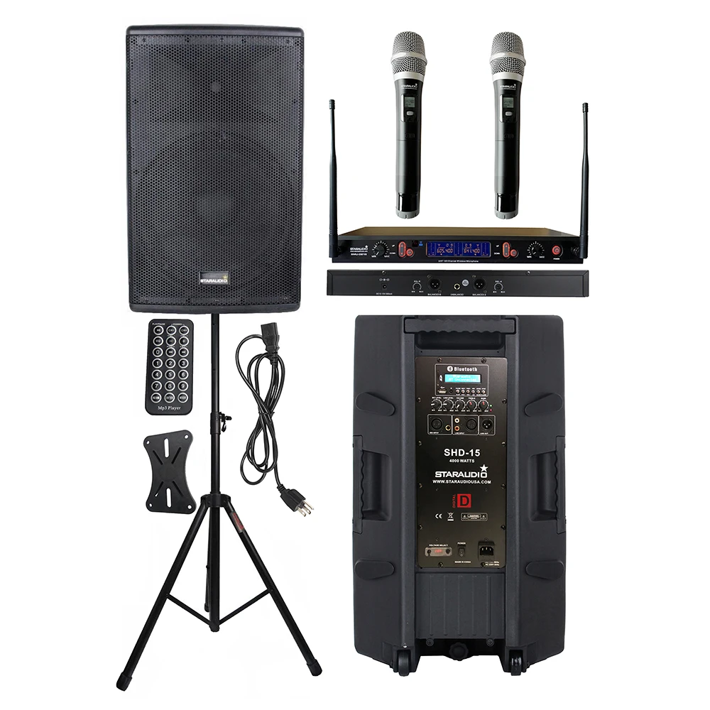 4000w 15 inch speaker pa dj stands 2ch uhf ir handheld wireless  mic