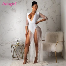 Adogirl платье-боди из прозрачной сетки в стиле пэчворк, сексуальное платье с глубоким v-образным вырезом и рукавом средней длины с высоким разрезом, вечерние платья макси для ночного клуба, летние платья