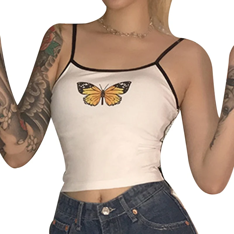 

Summer Women butterfly print cotton Camis crop top women Casual white camiseta mujer ladies tank tops Street casual tees S-XL