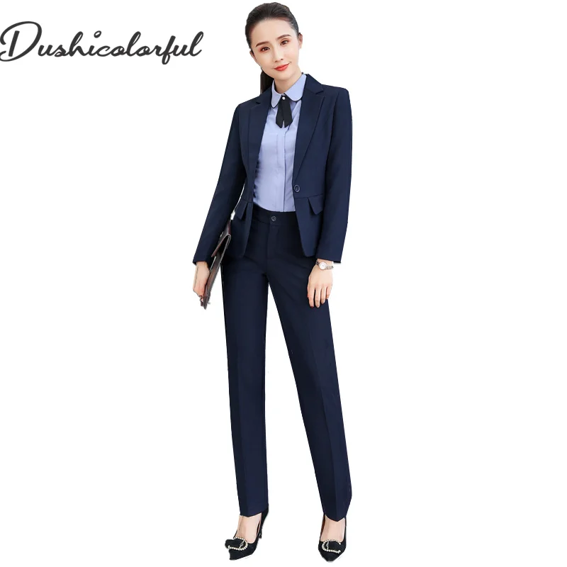 

Women pant suits bussiness suit set 2 Pieces Sets Interview Black Solid Elegant Single button blazer pant Full Length Trousers