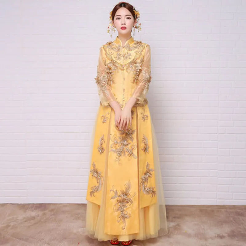 Невесты Cheongsam вышивка длинное Ципао китайское платье традиционные Свадебные платья Китай Костюмы магазине халат Orientale