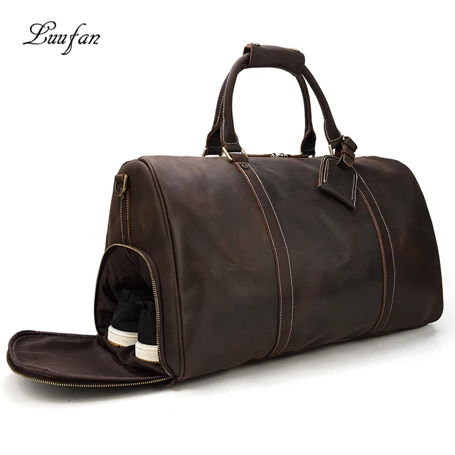 Stylish and functional mens leather travel bag with shoe pockets