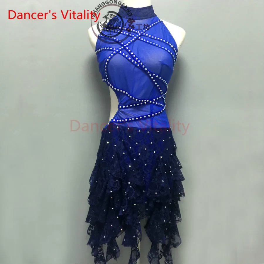 blue Dancer's Vitality бренд, без рукавов, с открытой спиной, юбка с кисточками, платье для латинских танцев, женское платье для самбы, сальсы, танго - Цвет: blue