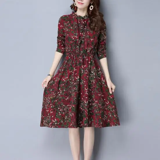 

Lady Floral Printed Vintage Dress Female Spring Autumn New Women Long-Sleeved Cotton and Linen Dresses Red,Navy Blue