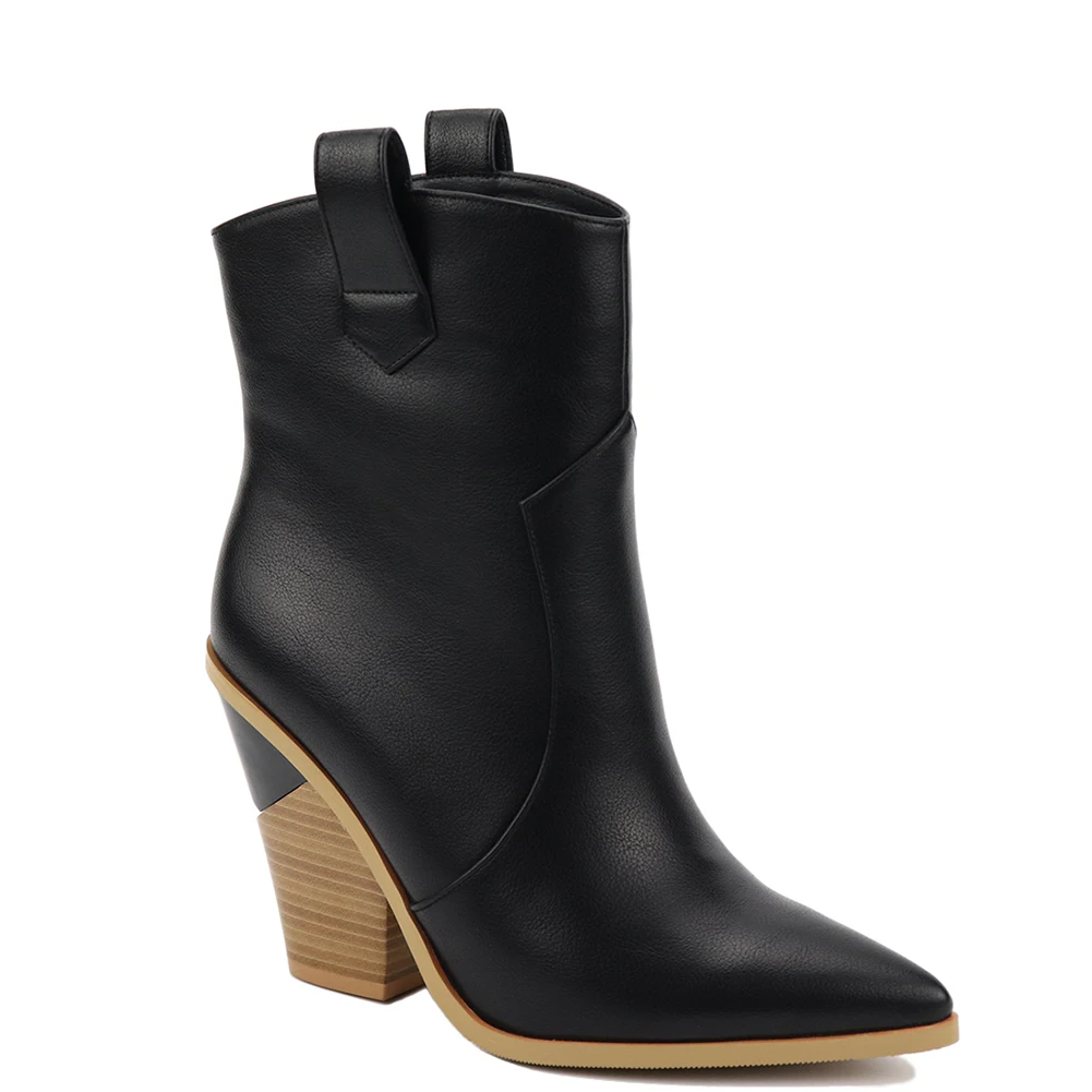 Фирменный дизайн; большие размеры 43; высококачественные удобные сапоги до середины икры на высоком каблуке; женская обувь; черные сапоги из искусственной кожи в западном стиле; женская обувь - Цвет: black PU