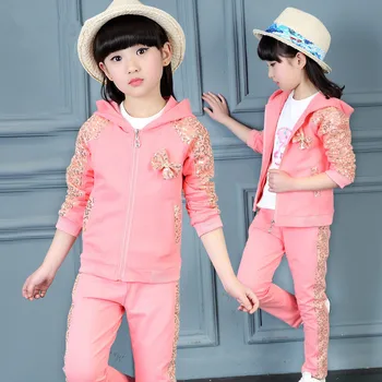 

3 Pieces Spring Autumn Girls Clothes Sport Suit Set Fashion Casual Sequin Hooded Jacket + T-Shirt + Pants Children Clothing Set